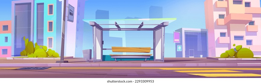 Street bus stop on city road vector background. Day light in town cartoon illustration. Empty pavement near transport station at summer. Panoramic cityscape