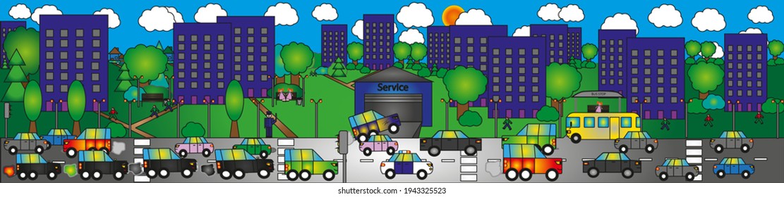 A street with a busy traffic of cars. Children's drawing. Housing area. Panorama of the city district. Colorful vector illustration. Green spaces. Blue sky with clouds. Automobile road in foreground.