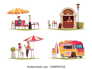 Street cafe 4 cartoon compositions with restaurant outdoor service umbrella parasol refreshing drinks desserts bus vector illustration