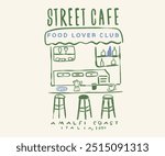 Street cafe abstract art design. Best food in Europe. Street cafe graphic print design  for t shirt, apparel, posters, background and others. Italy local food artwork.