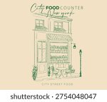Street cafe abstract art design. Best food in America, Europe. Street cafe graphic print design for t shirt, apparel, posters, background and others.	