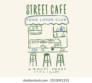 Straßencafé abstraktes Kunstdesign. Beste Lebensmittel in Europa. Street Cafe Grafik-Print-Design für T-Shirt, Bekleidung, Plakate, Hintergrund und andere. Italien lokale Kunst der Lebensmittelherstellung.