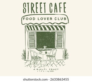 Street cafe abstract art design. Street cafe graphic print design for t shirt, apparel, posters, background and others.