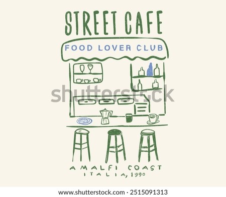 Street cafe abstract art design. Best food in Europe. Street cafe graphic print design  for t shirt, apparel, posters, background and others. Italy local food artwork.