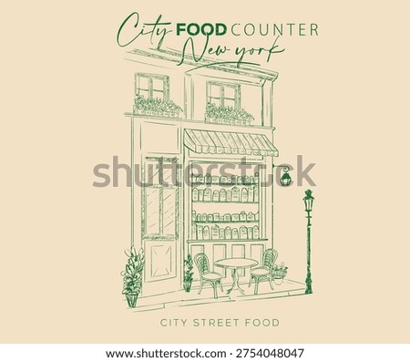 Street cafe abstract art design. Best food in America, Europe. Street cafe graphic print design for t shirt, apparel, posters, background and others.	