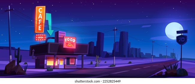 Street cafe, american diner on road in desert at night. Dark landscape with highway, sand wasteland, mountains, cactuses and fast food restaurant, vector cartoon illustration