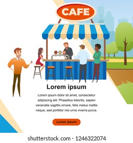 Street Cafe, Bar in City Park or Restaurant with Outdoor Seating Flat Vector Square Web Banner with Happy People Sitting at Bar Counter. Alcohol Drinks or Beverages Public Degustation Landing Page