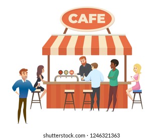 Street Cafe or Bar Full of Satisfied Visitors Ordering Alcohol Drinks Flat Vector Illustration Isolated on White Background. Local Small Restaurant or Cafeteria Business. Outdoor Dinning Concept