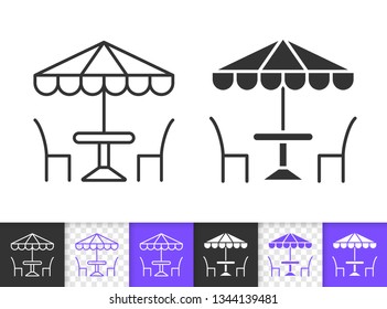 Street Cafe black linear and silhouette icons. Thin line sign of umbrella. Restaurant Table and Chair outline pictogram isolated on white background. Vector Icon shape. Sunshade simple symbol closeup