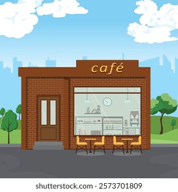 Street Cafe. Brick building coffee shop. Spring summer landscape. Flat vector graphic design.