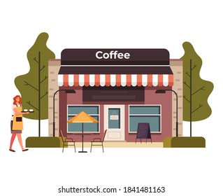 Street Cafe Building Street Concept. Vector Flat Graphic Design Illustration