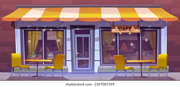 Street cafe building outside terrace exterior vector illustration. Outdoor city restaurant table and chair near entrance door with open sign panorama background. Urban cafeteria with yellow tent