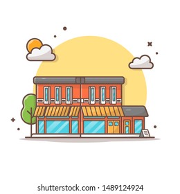 Street Cafe Building Vector Icon Illustration. Market Building With Trees Beside it and Clouds With The Sun. Minimalist House Concept. Flat Cartoon Style Suitable for Web Landing Page, Banner, Flyer