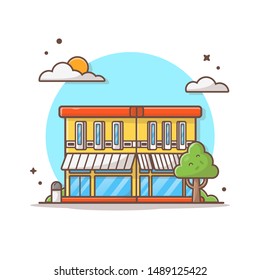 Street Cafe Building Vector Icon Illustration. Market Building With Trees Beside it and Clouds With The Sun. Minimalist House Concept. Flat Cartoon Style Suitable for Web Landing Page, Banner, Flyer