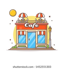 Street Cafe Building Vector Illustration. Coffee Shop Illustration. Summer Cafe. Street Restaurant. Flat Cartoon Style Suitable for Web Landing Page,  Banner, Flyer, Sticker, Card, Background