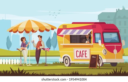 Street cafe bus in city park cartoon composition with young couple enjoying refreshing drinks outdoor vector illustration