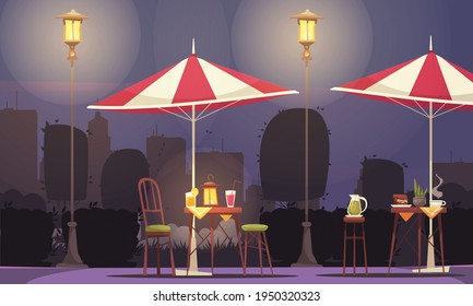 Street cafe cartoon composition with tables cocktail drinks umbrellas in lantern light dark cityscape background vector illustration