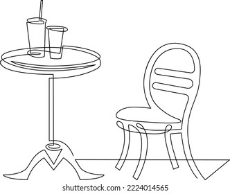 Street Cafe. Chairs near a table with cocktails.Continuous line drawing. Vector illustration