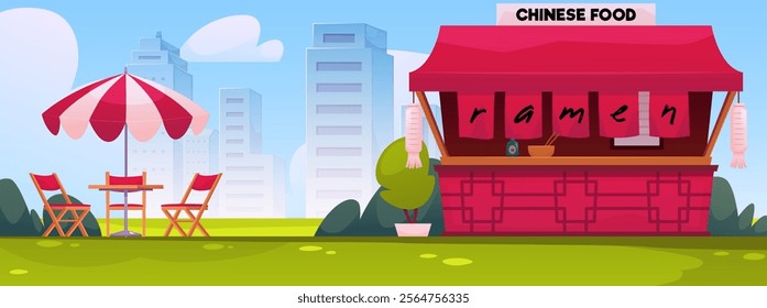 Street Cafe, Chinese food and Ramen snacks shop house in park. Oriental Asian fast food restaurant small building, kiosk on cityscape. Vintage wooden red facade with canopy. Vector flat illustration