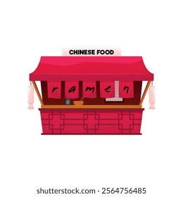 Street Cafe, Chinese food and Ramen snacks shop house flat icon. Vintage wooden red facade with canopy, signboard. Oriental Asian fast food restaurant small building, kiosk vector isolated