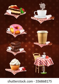 Street cafe, chocolate, cupcake, cake, cup of coffee, donut, vector icon set on dark background