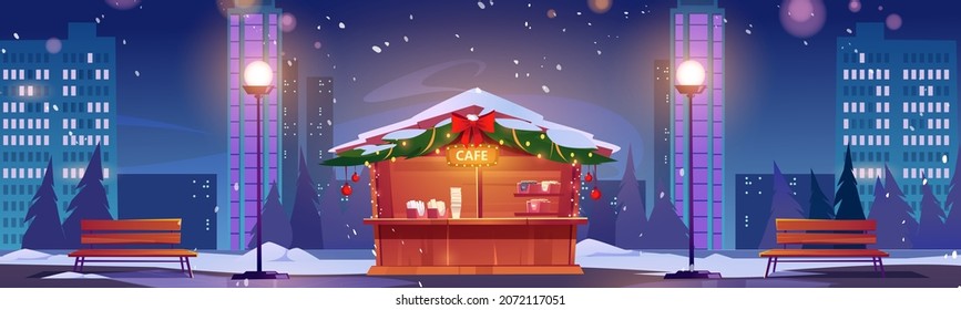 Street cafe with christmas decor at winter night cityscape background with skyscrapers. Outdoor cafeteria stall on sidewalk with lamps and benches. Coffee shop in town park Cartoon vector illustration