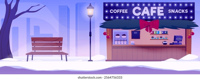 Street Cafe with Christmas decoration. Coffee and snacks shop house, glowing lantern and bench on winter city landscape. Vintage fast food restaurant small building, kiosk. Vector flat illustration