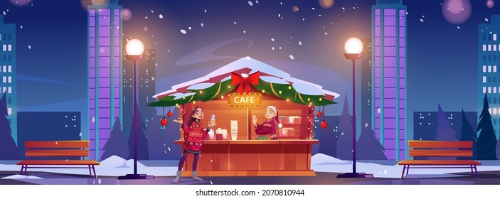 Street cafe with Christmas decoration and happy girls in ugly sweaters at night. Vector cartoon illustration of winter city landscape with market stall and young women with champagne and red santa hat