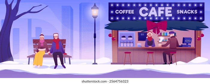 Street Cafe with Christmas decoration and people. Coffee and snacks shop, glowing lantern and bench on winter cityscape. Vintage fast food restaurant small building, kiosk. Vector flat illustration