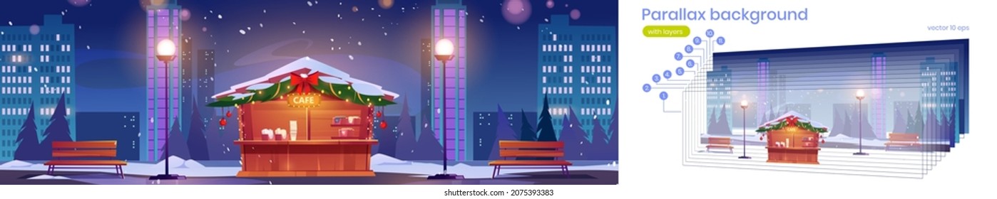 Street cafe with Christmas decoration in winter city at night. Vector parallax background for 2d animation with cartoon illustration of holiday market stall, lights, benches and houses