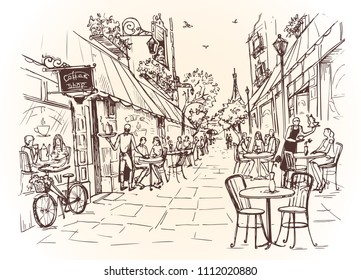 Street cafe in the city  Bicycle at the entrance to the cafe   people and cupe coffee at the tables  Illustration in vintage style  Vector illustration