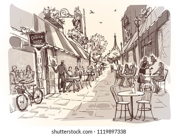 Café callejero en la ciudad. Bicicleta en la entrada de la cafetería y gente con café en las mesas. Ilustración en estilo vintage. Ilustración del vector