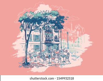 Street cafe in the city. Bicycle at the entrance to the cafe. Vector illustration in vintage style.