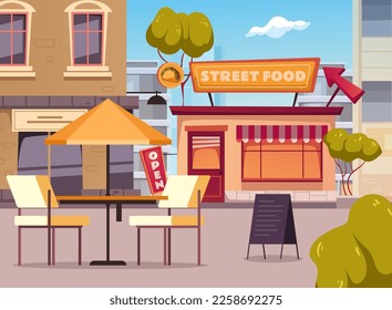 Street cafe city cartoon shop outdoor restaurant concept. Vector graphic design illustration