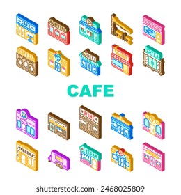 street cafe city outdoor icons set vector. restaurant table, europe coffee, summer travel, urban outside, terrace, bistro street cafe city outdoor isometric sign illustrations