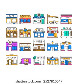 rua café cidade ícones ao ar livre conjunto vetor. mesa de restaurante, café da europa, viagens de verão, urbano exterior, terraço, bistro rua café cidade cor ao ar livre Contorno Ilustrações