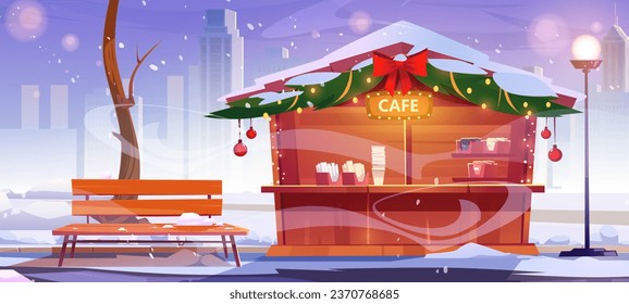 Café callejero en el parque público de la ciudad con decoraciones navideñas. Caricatura de invierno de Navidad paisaje de vacaciones de nevado jardín de ciudad con banco, linterna y quiosco con aperitivos en el fondo de edificios de varios pisos.