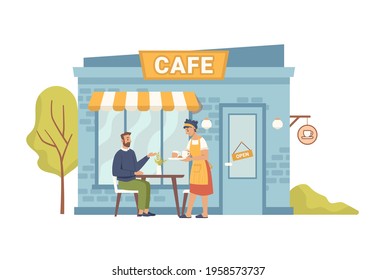 Street cafe, client man sitting and woman waiter serving order, flat cartoon illustration. Vector summer restaurant with tables chairs outdoors, tasty food snacks. Small european french cafeteria