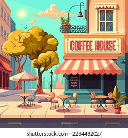 Street Cafe. Coffee house. City cafe. Urban spring summer landscape. Cozy cafe design concept. Vector cartoon illustration