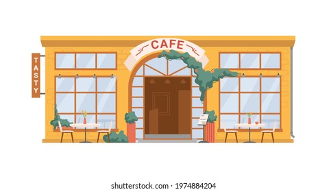 Street cafe, coffee shop isolated flat cartoon building facade exterior. Vector summer restaurant with tables chairs outdoors, tasty food snacks. Small european french cafeteria, town architecture