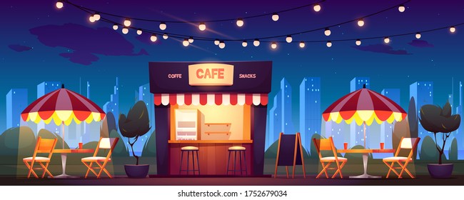 Street Cafe With Coffee And Snacks At Night. Vector Cartoon Cityscape With Outdoor Cafeteria With Umbrellas, Tables And Chairs On Sidewalk. Fast Food Shop In Summer Town Park