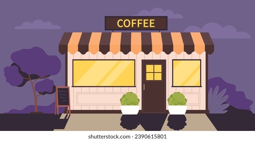 Street cafe with coffee and snacks at night time. Restaurant or shop architecture building front view. Facade with door and windows. Evening time. Cartoon flat isolated vector concept