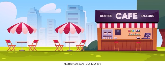 Street Cafe, Coffee and snacks shop house in park. Vintage facade of a cafe with a canopy, umbrella, table and chairs. Fast food restaurant small building, kiosk on cityscape. Vector flat illustration