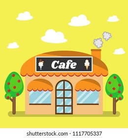Street Cafe, Coffeeshop and apple with Flat design concept, Vector illustration.