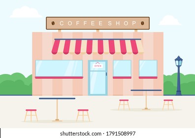 Street Cafe. Coffeeshop. City cafe. Urban spring summer landscape. Flat design concept. Vector illustration