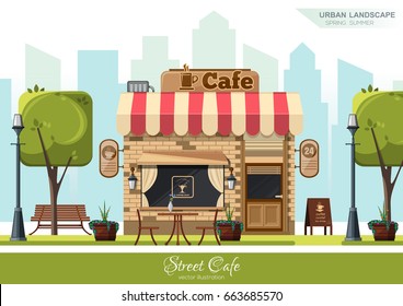 Street Cafe. Coffeeshop. City cafe. Urban spring summer landscape. Flat design concept. Vector illustration