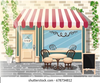 Street Cafe. Coffeeshop. City cafe. Urban spring summer landscape. Flat design concept. Vector illustration Web site page and mobile app design.