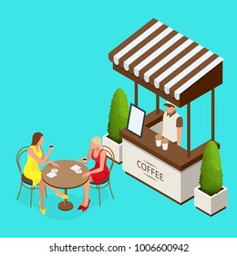 Street Cafe Concept. Couple In A Street Cafe. Isometric Vector Illustration