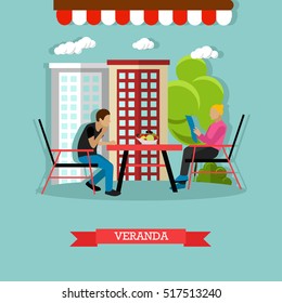 Street cafe concept vector illustration in flat style. Man and woman sitting at the table on veranda. Woman is reading menu.