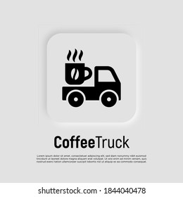 Street cafe contains coffee truck with coffee cup. Flat icon. Vector illustration.